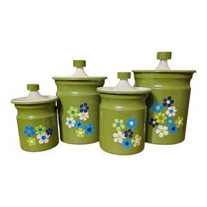 Vtg Kromex Floral Metal Canister Set w/ Lids Retro Storage 4 Pc Nesting USA